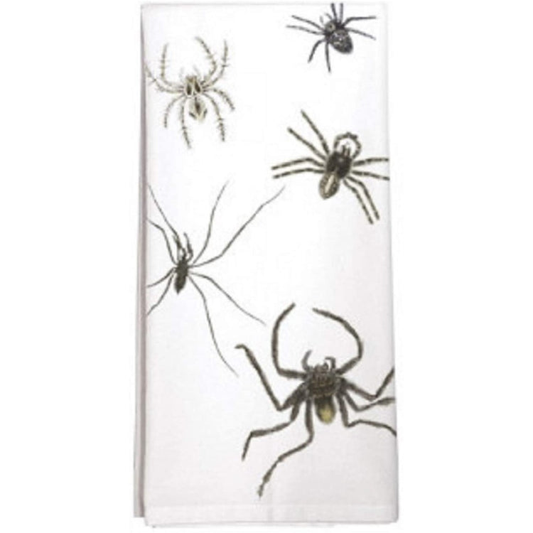White towel with various black spiders on the front.