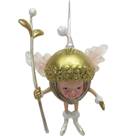 Acorn shaped fairy with wings and feet.  She is holding a gold stafr with a pear on the top. She has a pointy hat on and a silver cord for hanging.  Acorn is gold color.