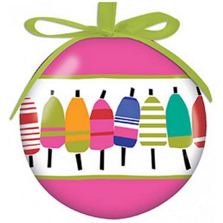 round ornament with pink stripes on the top & bottom, middle stripe is white with multicolor buoys & hangs by a green ribbon.