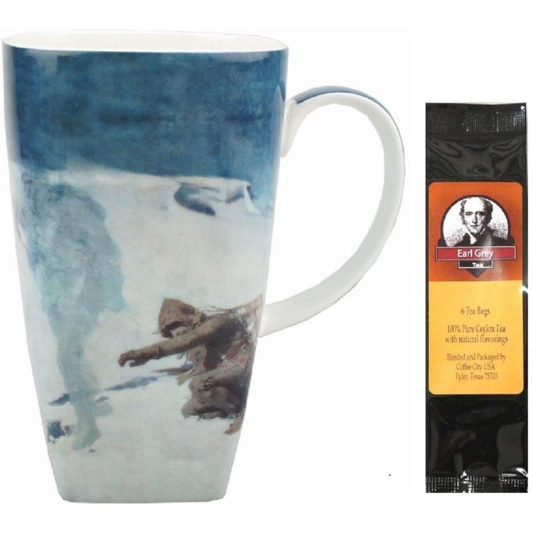 coffee cup showing william blair bruce's the phantom hunter painting and a package of 6 tea bags.