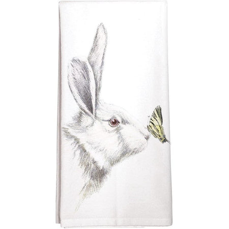 white towel with a white and gray rabbit design and yellow and black butterfly.