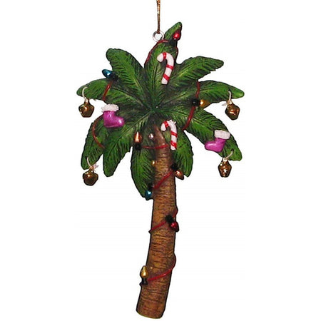 Palm tree shaped Christmas tree.  Tree is decorated with lights, jingle bells and candy canes.  