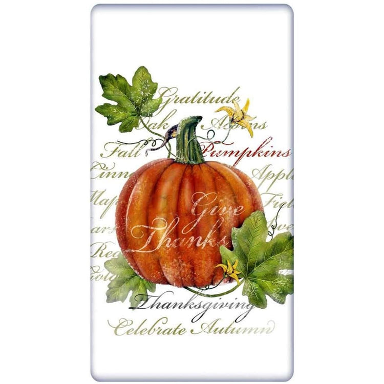 white towel with pumpkin and vines, words of thanks