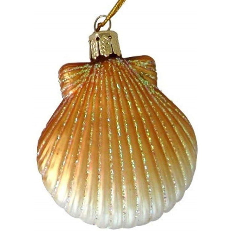 Pectin shell shaped Christmas ornament with glitter accent.  Shade of orange tan faces to white.