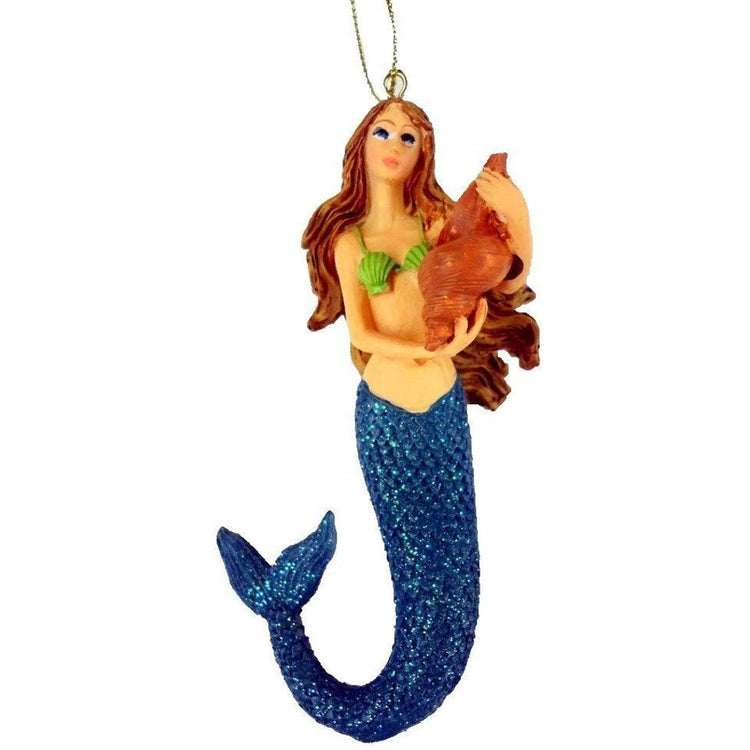 Mermaid ornament holding a large shell. Red hair, green scallop shell top & blue tail