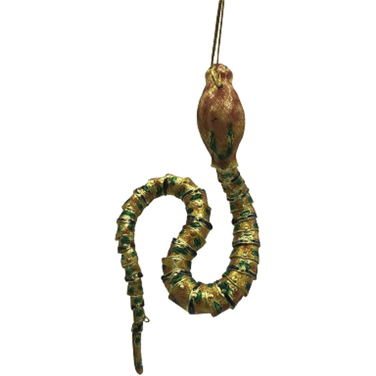 Metal articulated snake ornament, snakes head is orange, body has orange and green stripes.