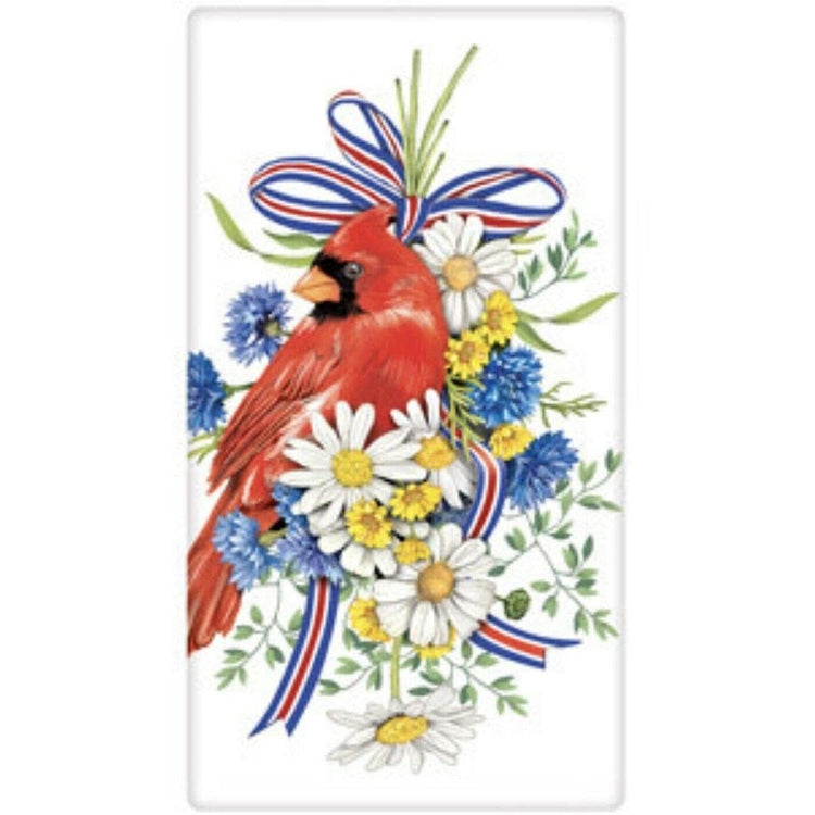 Red cardinal with a red, white & blue ribbon & blue, white & yellow flowers.