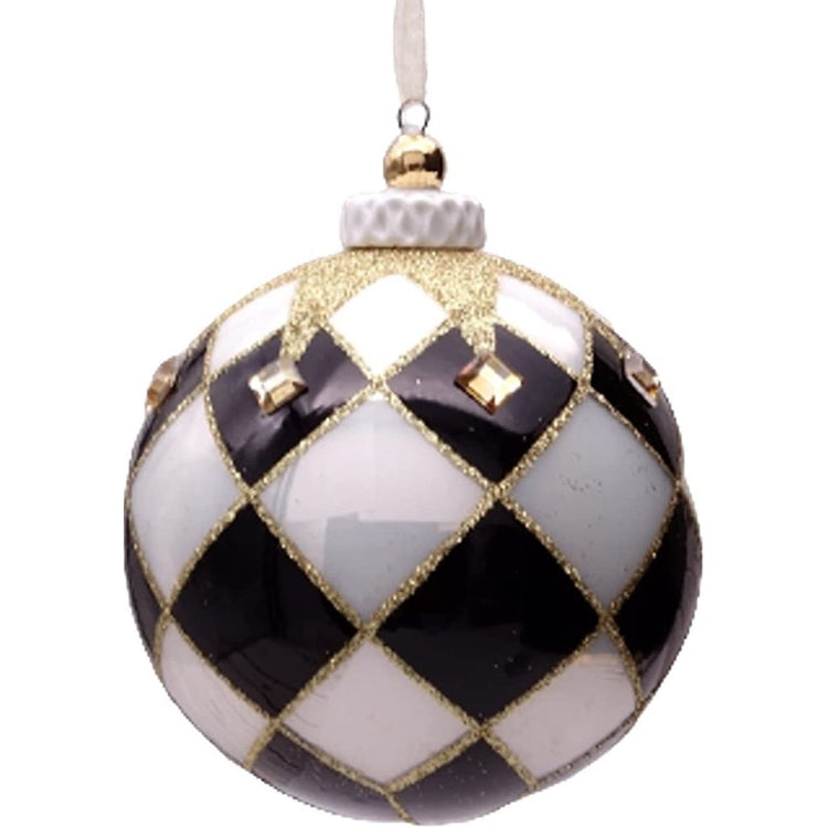 Blown glass ball ornament with a black and white check design, gold border between checks, and a gold jester collar design around the top of the ornament.