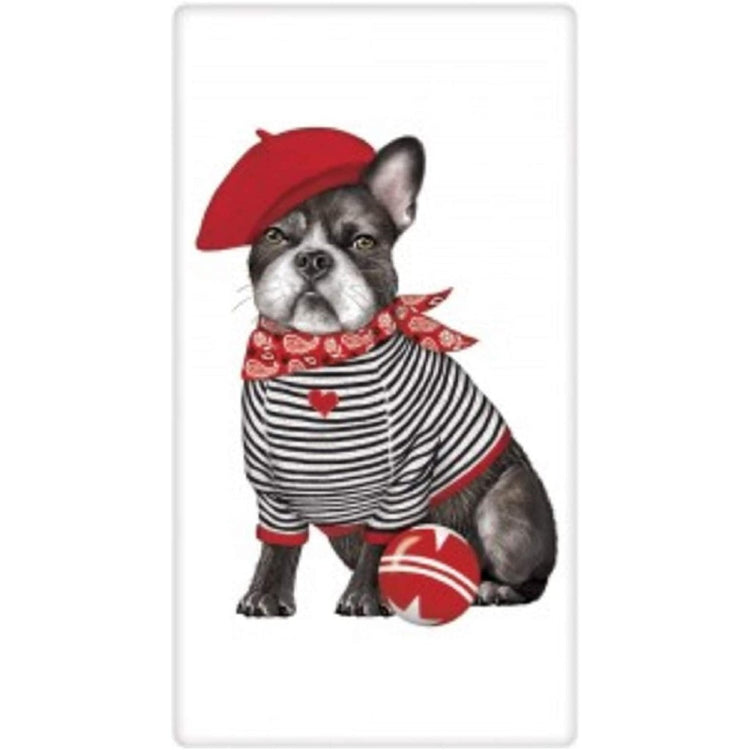 Black Frenchie wearing a black & white striped shirt, red bandana & a red beret.