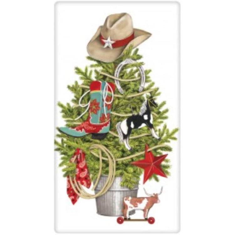 Evergreen tree with a boot, hat, horse, bandanna, rope, & cow on it.
