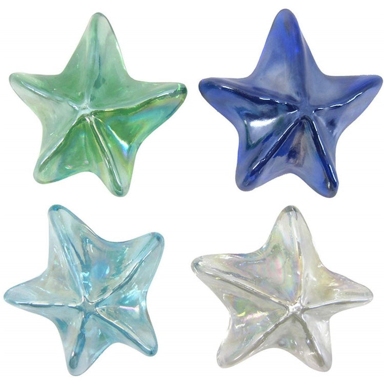 4 iridescent starfish shaped paperweights. 1 is dark blue, 1 is green, 1 light blue, 1 is white clear.