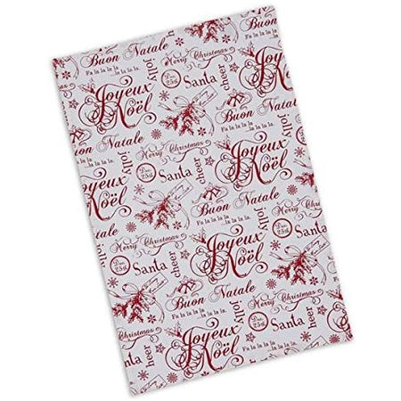 White towel with red printed Christmas words written on it.