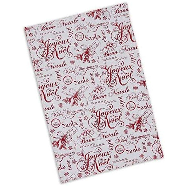 White towel with red printed Christmas words written on it.