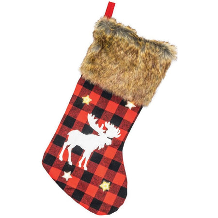 fur lined stocking with buffalo check stocking with a moose on it