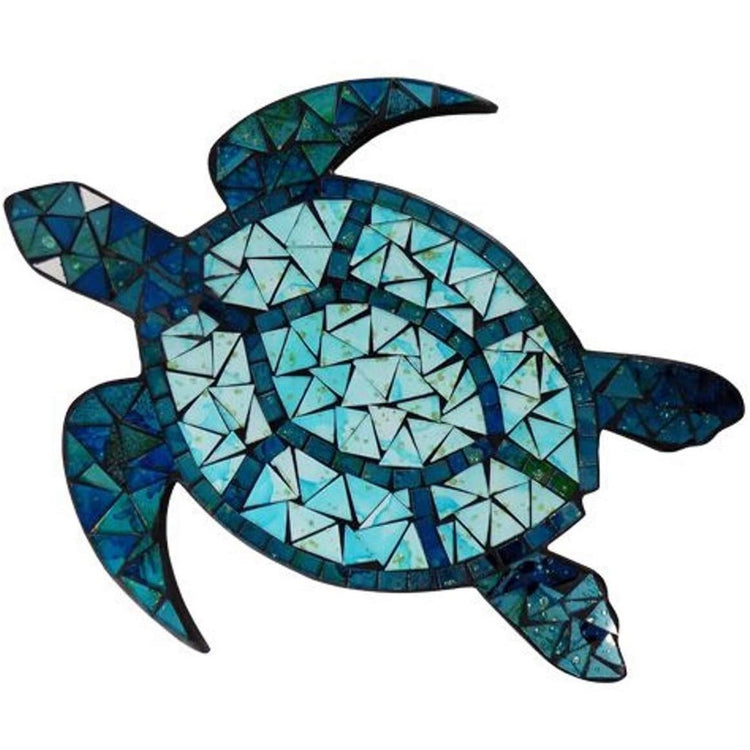 turtle wall plaque made of different blue mosaic pieces.