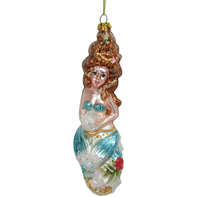Brown haired white  mermaid ornament with glitter embellishments. 