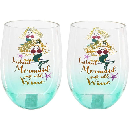 2 stemless wine glasses. Glasses have a green tint at the bottom, show a blonde mermaid & says instant mermaid just add wine.