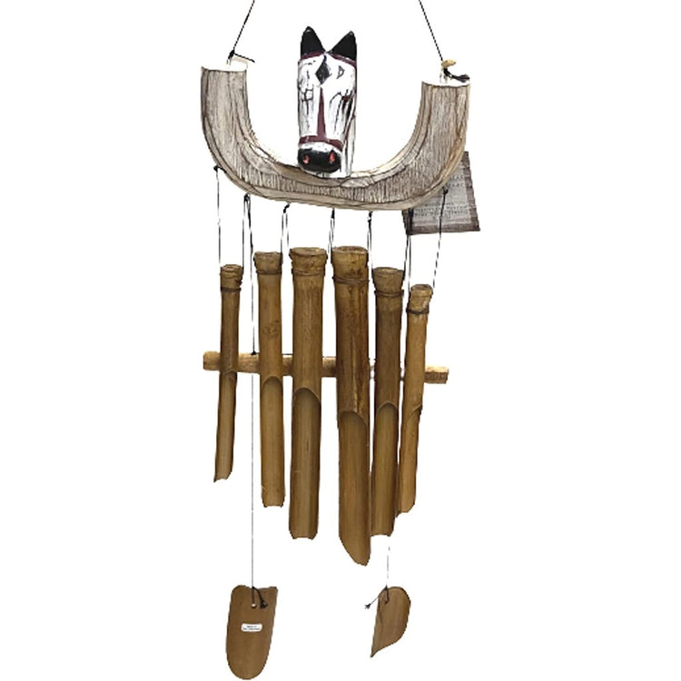 Horse head chime with bamboo chimes hanging down from it.