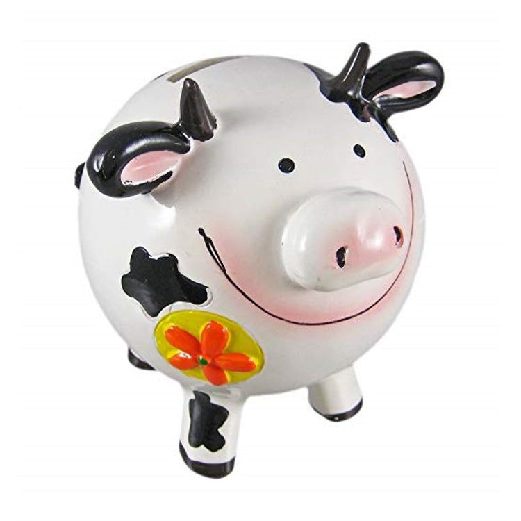 Round smiling black & white cow bank, with orange & yellow flower on shoulder.
