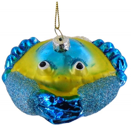Front view of blue crab shaped Christmas ornament with yellow/green accent.