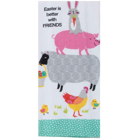 White towel with Easter farm animals printed on it.