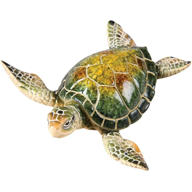 Swimming turtle with green, yellow, & tan hues.