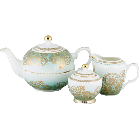 White teapot, creamer & sugar with teal & gold lace decor.