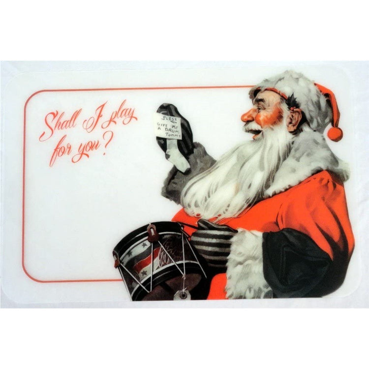 frosted plastic placemat with vintage santa and little drum reading a note. 