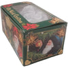 Green gift box with clear plastic window, the box also has vintage inspired christmas scenes.