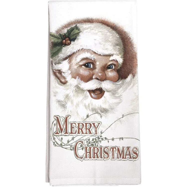 White towel with Santa Clause in a red hat with holly and the words merry christmas.
