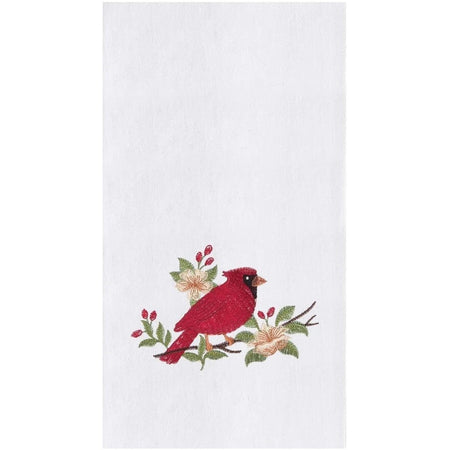 White kitchen towel with red cardinal on holly branches.
