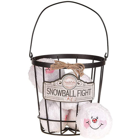 Black wire basket with handle and 6 white snowball designed balls with little faces.