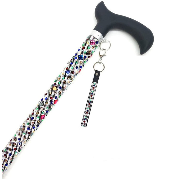 Top half of multicolored crrystal cane with black handle and matching wrist strap.