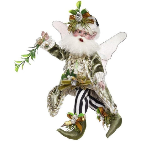 Bearded fairy wearing green velvet coat and boots, white and black striped pants, holding sprig of mistletoe.