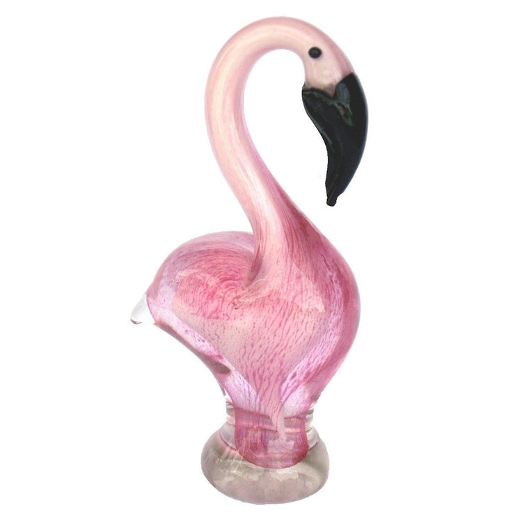 Standing pink flamingo figure with long neck and black beak.  Shade of pink on clear base.