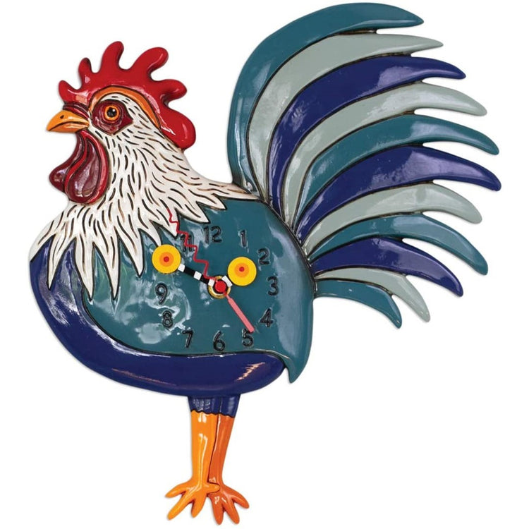 blue & teal rooster with a red face & orange legs