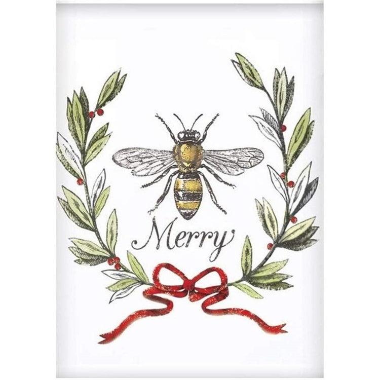 White flour sack kitchen towel imprinted with a bumble bee, holly and the text "Merry"