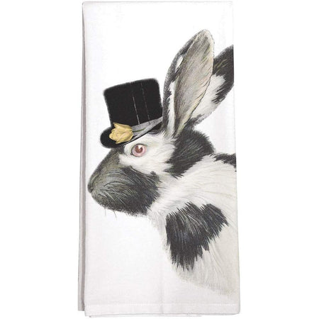 black & white bunny with a top hat & yellow tulip on it