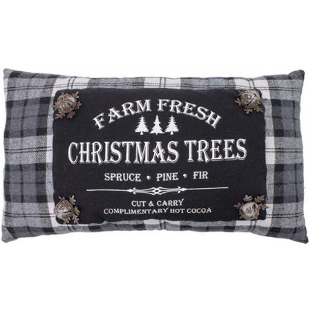 Rectangle pillow with black and white plaid.  "FARM FRESH CHRISTMAS TREES".