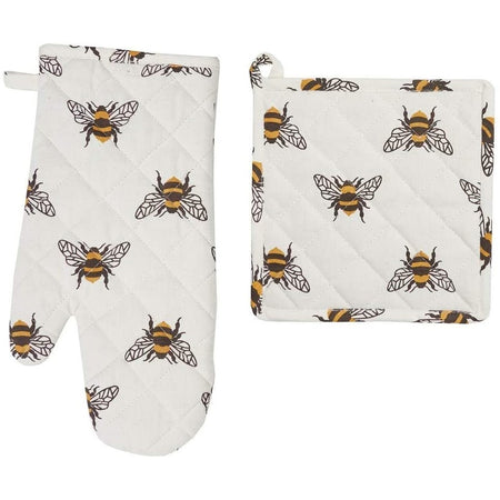 White oven mitt & pot holder with black & yellow bees on it.