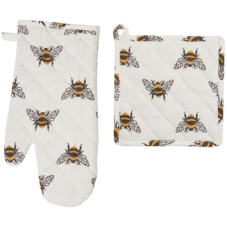 White oven mitt & pot holder with black & yellow bees on it.