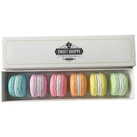 Assorted colored macaron shaped ornaments.