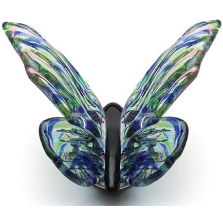 Glass butterfly figurine in blues and greens.