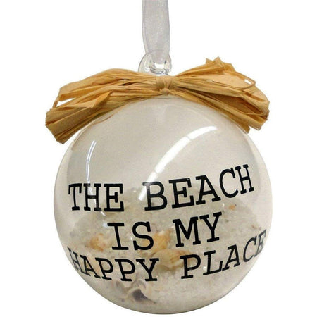 "the beach is my happy place" sand-filled ornament 