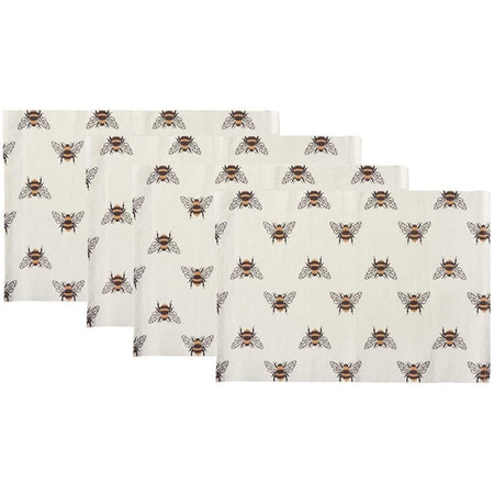 Off-white placemats with black & yellow bees on them.