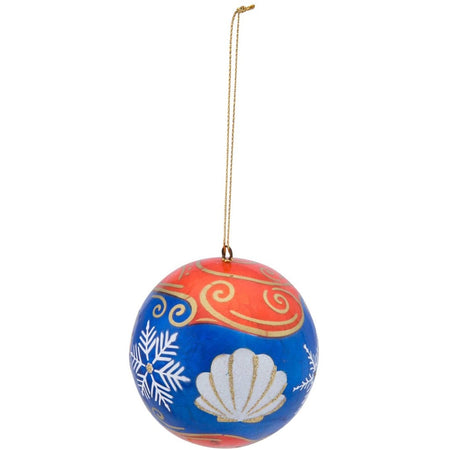 ball shaped ornament made of blue, orange and white capiz shell