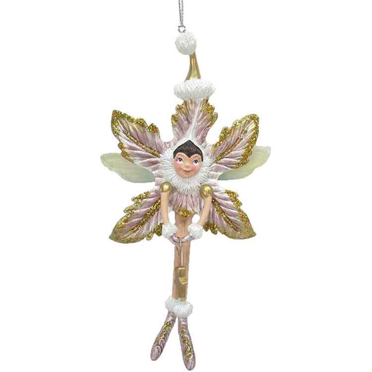 Fairy in a flower with legs and a hat. Painted pink & gold with glitter.