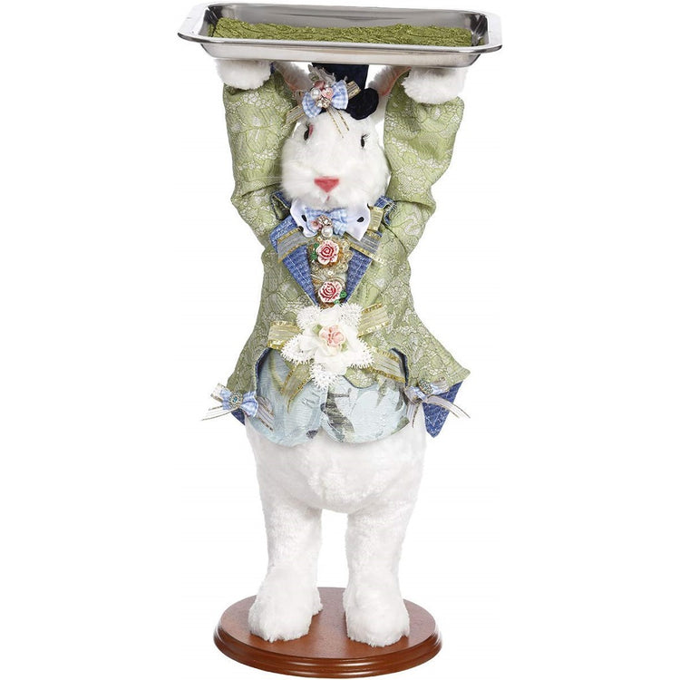 Standing bunny figure on stand holding a serving tray over heard.