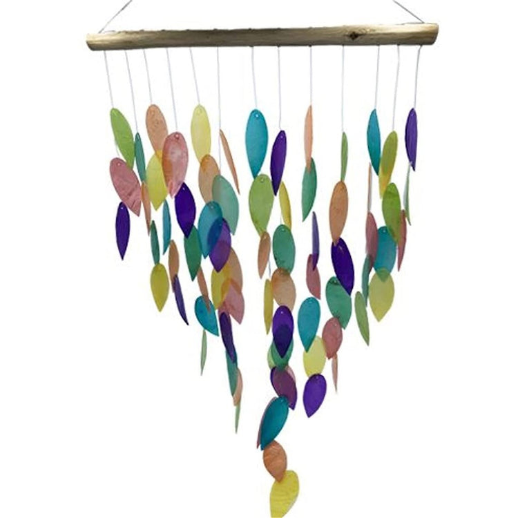Leaf shaped capiz chime with rainbow colors.