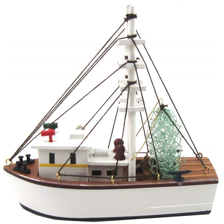 White wood model shrimp boat.